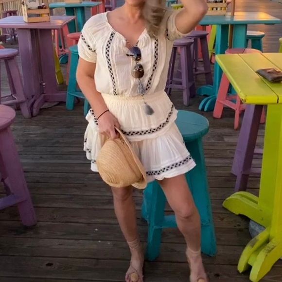 Love Shack Fancy Popover Embroidered Cream & Black Ruffle Mini Dress Size S - Picture 1 of 4